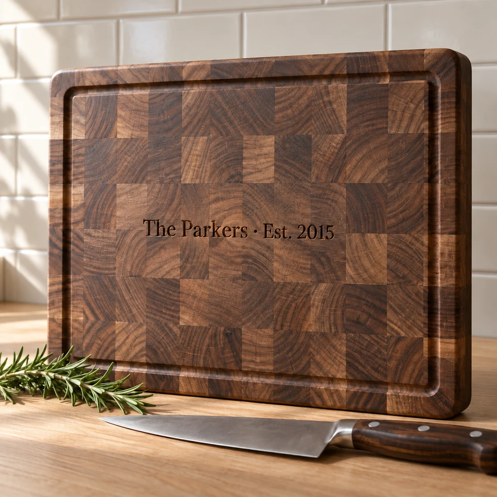 An end-grain walnut cutting board engraved The Parkers, Est. 2015