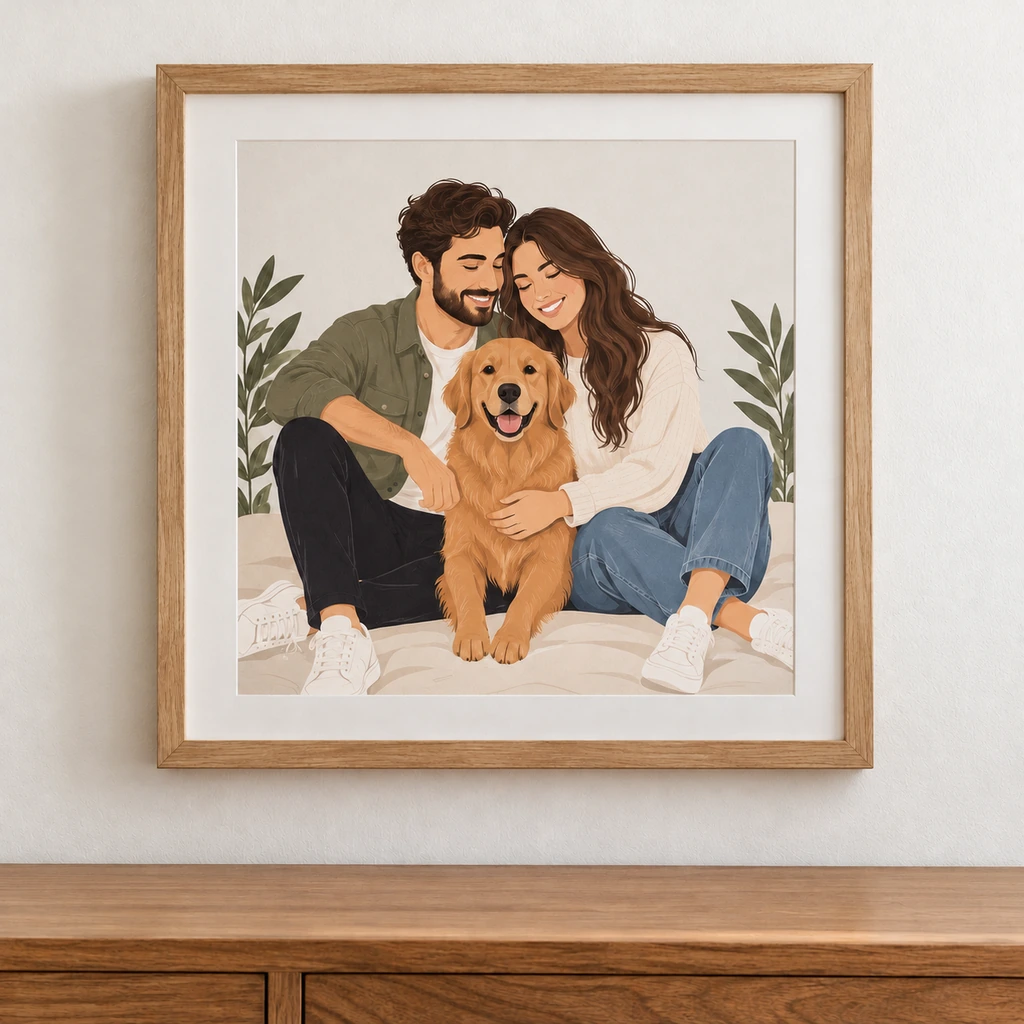 A framed illustrated portrait of a couple with their golden retriever